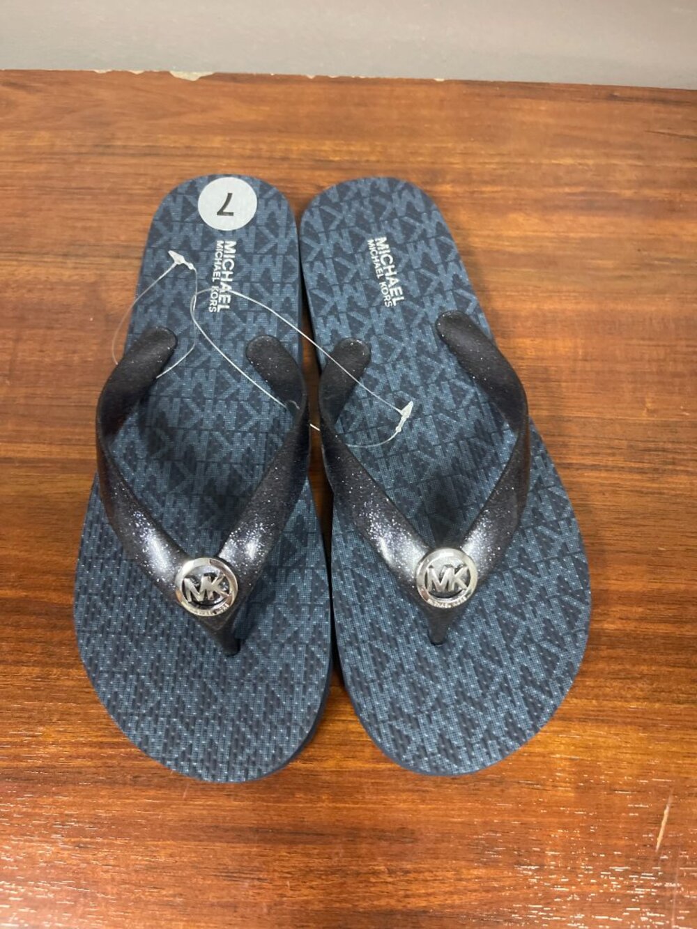 Michael Kors Womens Flip Flops Sandals Size 7 Navy Blue Glitter Thongs